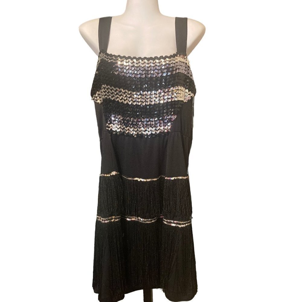 Dress Sleeveless Black Mini Fringed Tassel Silver Sequin Gatsby Flapper Size L/X